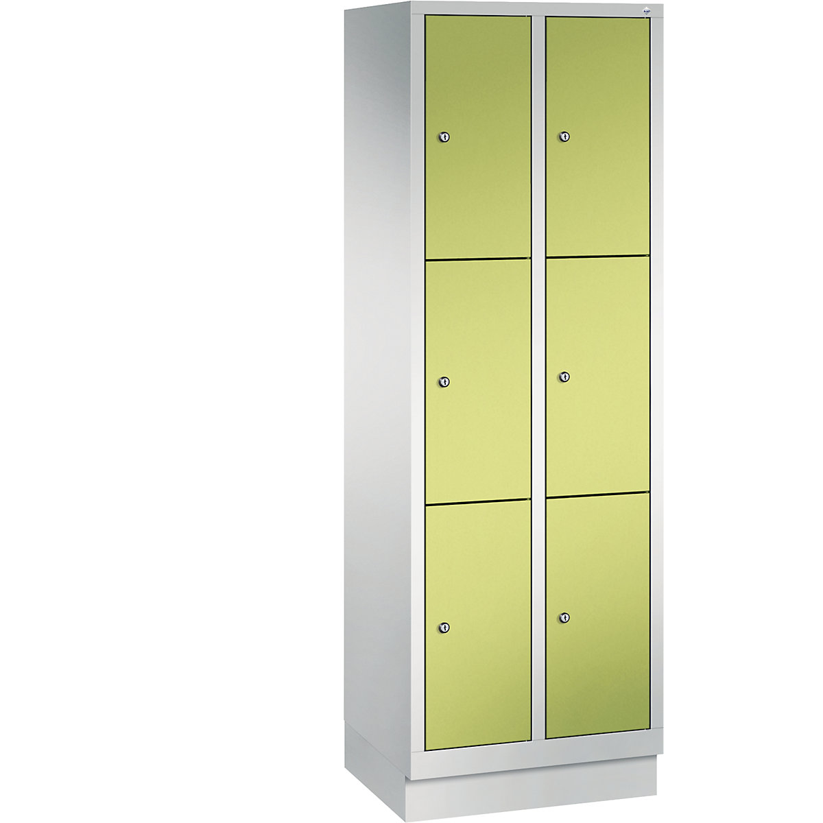 CLASSIC locker unit with plinth – C+P, 2 compartments, 3 shelf compartments each, compartment width 300 mm, light grey / viridian green-3