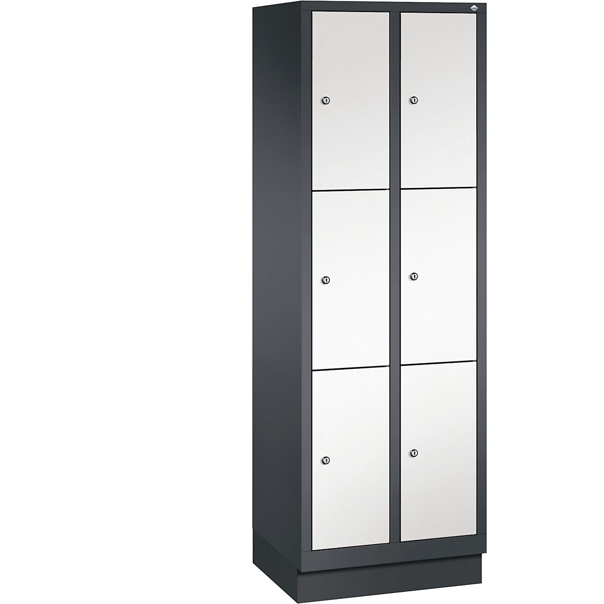 CLASSIC locker unit with plinth – C+P, 2 compartments, 3 shelf compartments each, compartment width 300 mm, black grey / traffic white-6