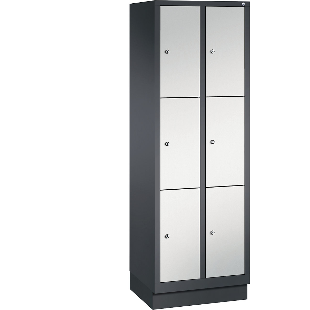 CLASSIC locker unit with plinth – C+P, 2 compartments, 3 shelf compartments each, compartment width 300 mm, black grey / light grey-7