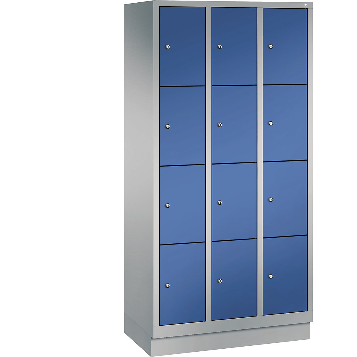 CLASSIC locker unit with plinth – C+P, 3 compartments, 4 shelf compartments each, compartment width 300 mm, white aluminium / gentian blue-7