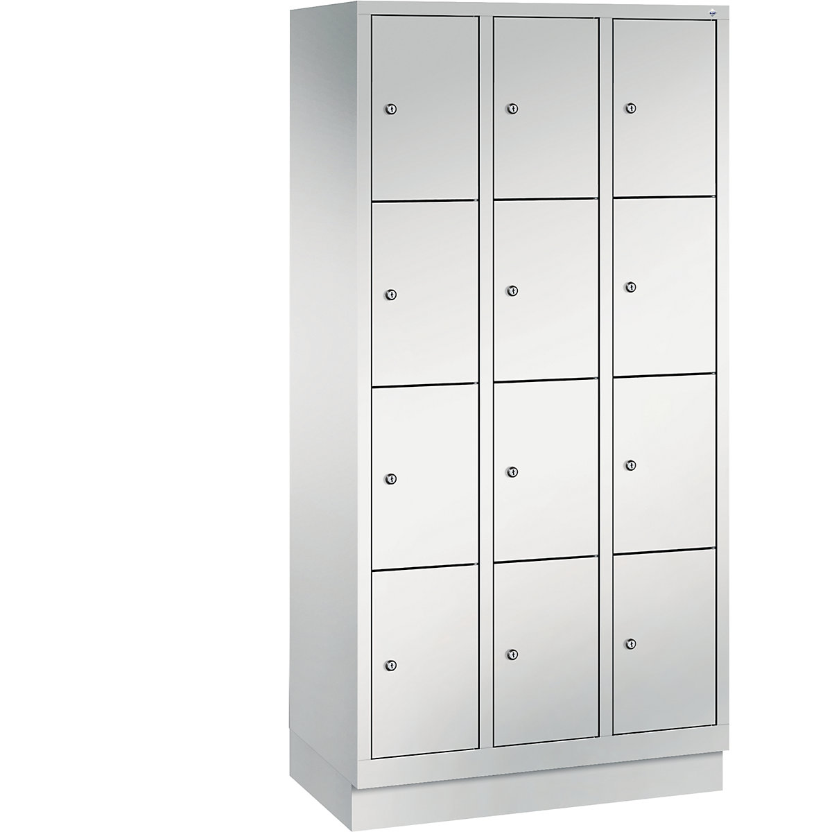 CLASSIC locker unit with plinth – C+P, 3 compartments, 4 shelf compartments each, compartment width 300 mm, light grey-12