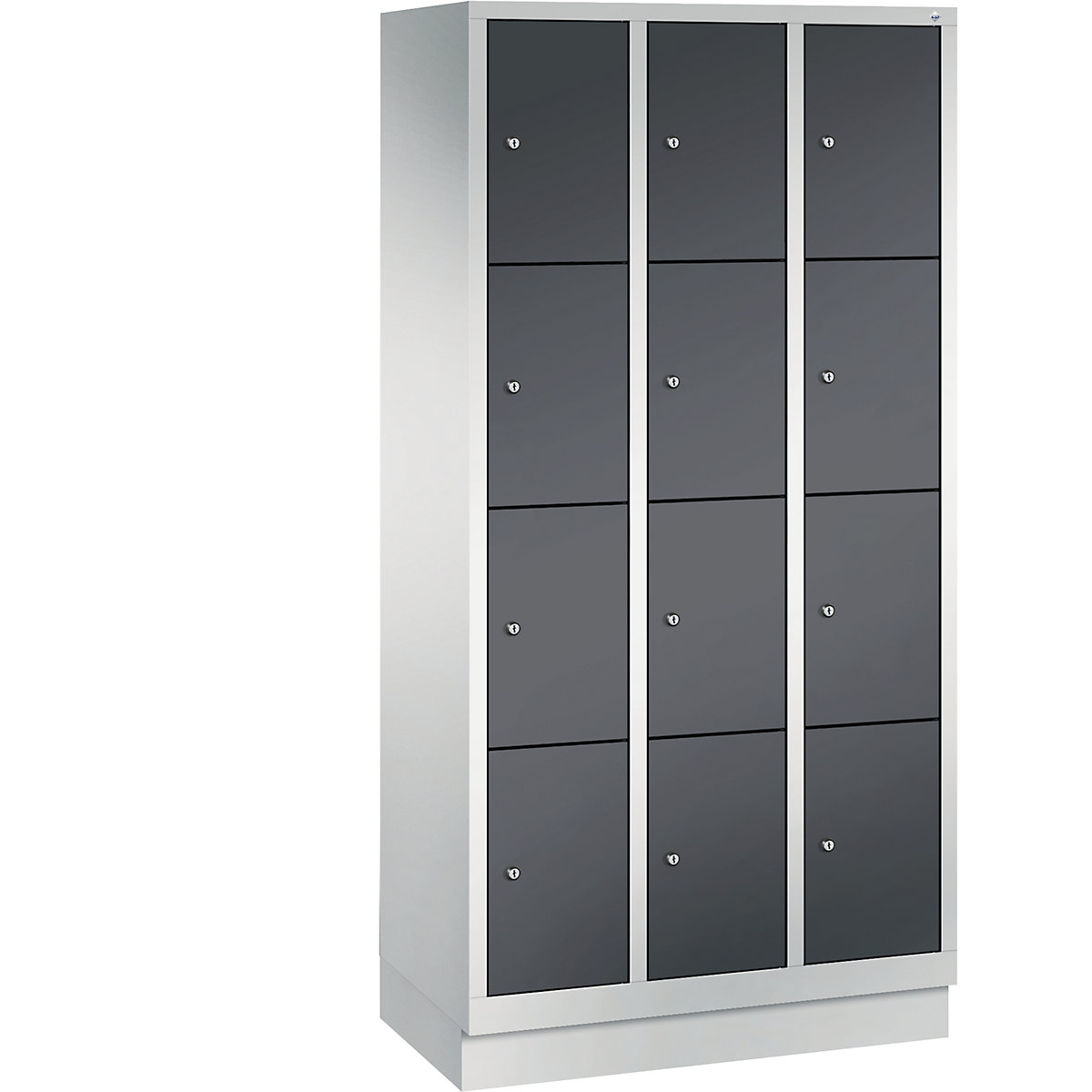 CLASSIC locker unit with plinth – C+P, 3 compartments, 4 shelf compartments each, compartment width 300 mm, light grey / black grey-4