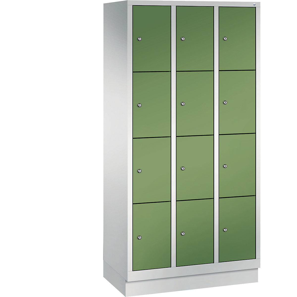 CLASSIC locker unit with plinth – C+P, 3 compartments, 4 shelf compartments each, compartment width 300 mm, light grey / reseda green-11