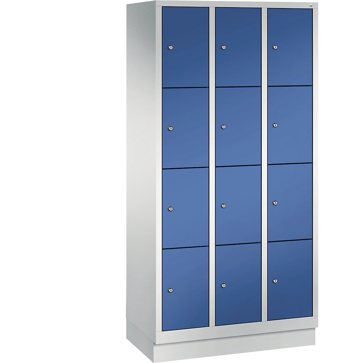 CLASSIC locker unit with plinth – C+P, 3 compartments, 4 shelf compartments each, compartment width 300 mm, light grey / gentian blue-5