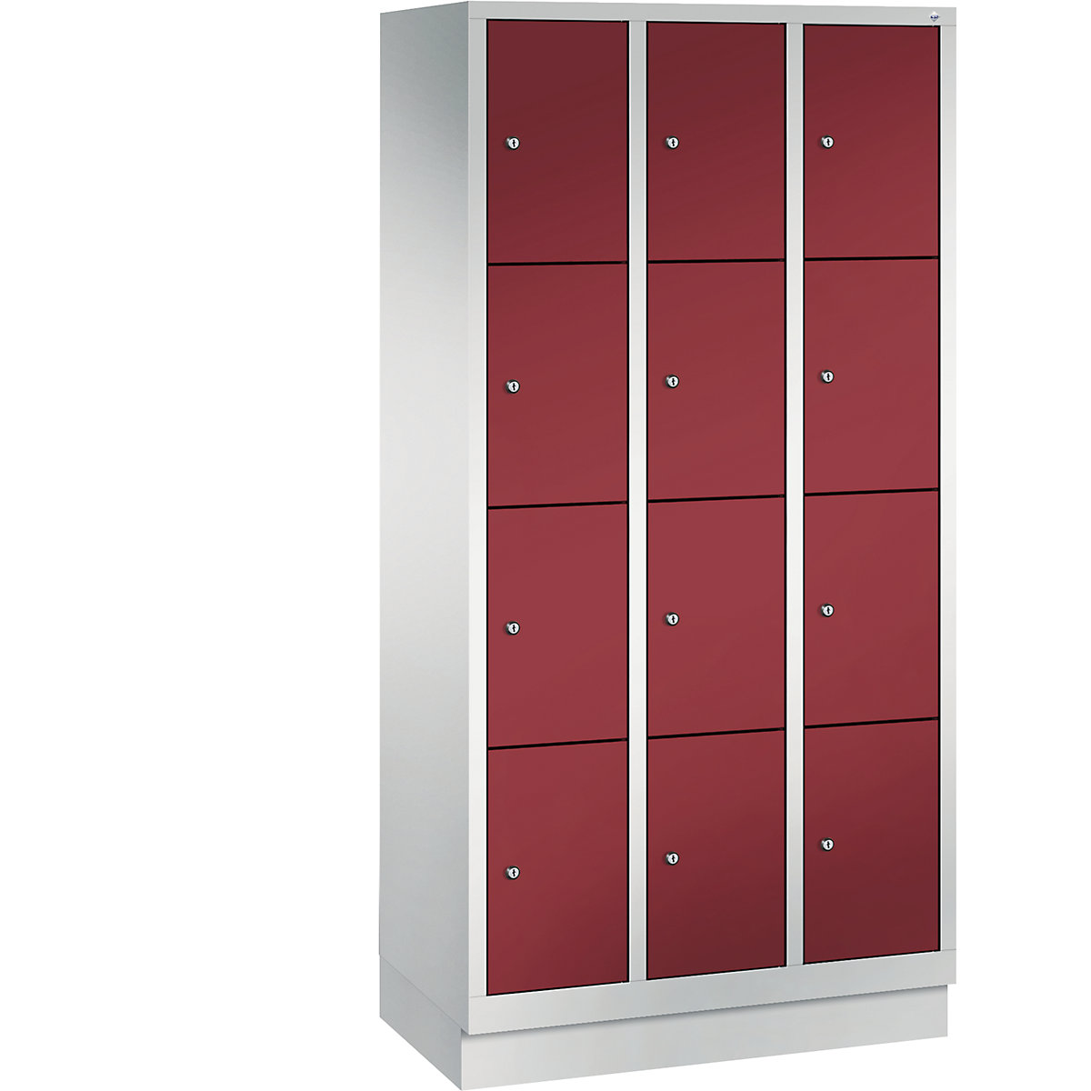 CLASSIC locker unit with plinth – C+P, 3 compartments, 4 shelf compartments each, compartment width 300 mm, light grey / ruby red-6