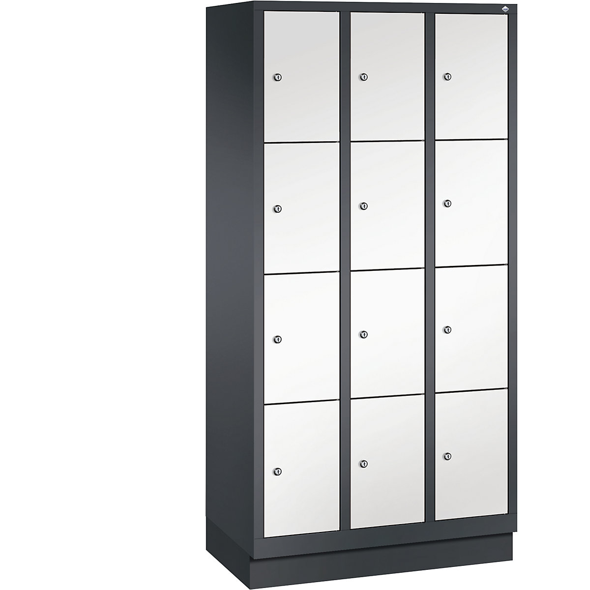 CLASSIC locker unit with plinth – C+P, 3 compartments, 4 shelf compartments each, compartment width 300 mm, black grey / traffic white-10