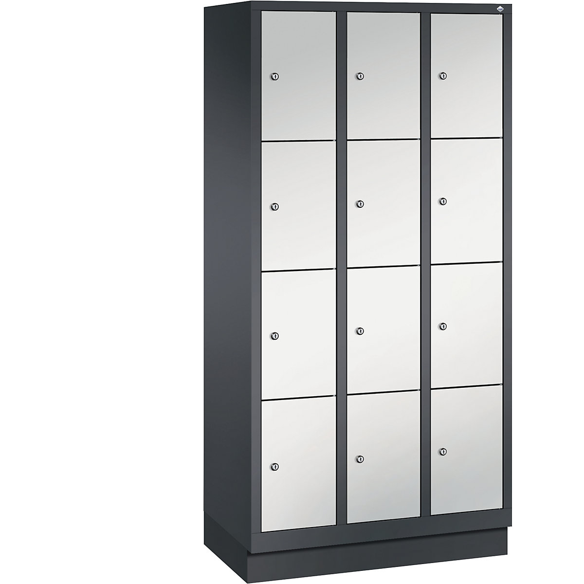 CLASSIC locker unit with plinth – C+P, 3 compartments, 4 shelf compartments each, compartment width 300 mm, black grey / light grey-8