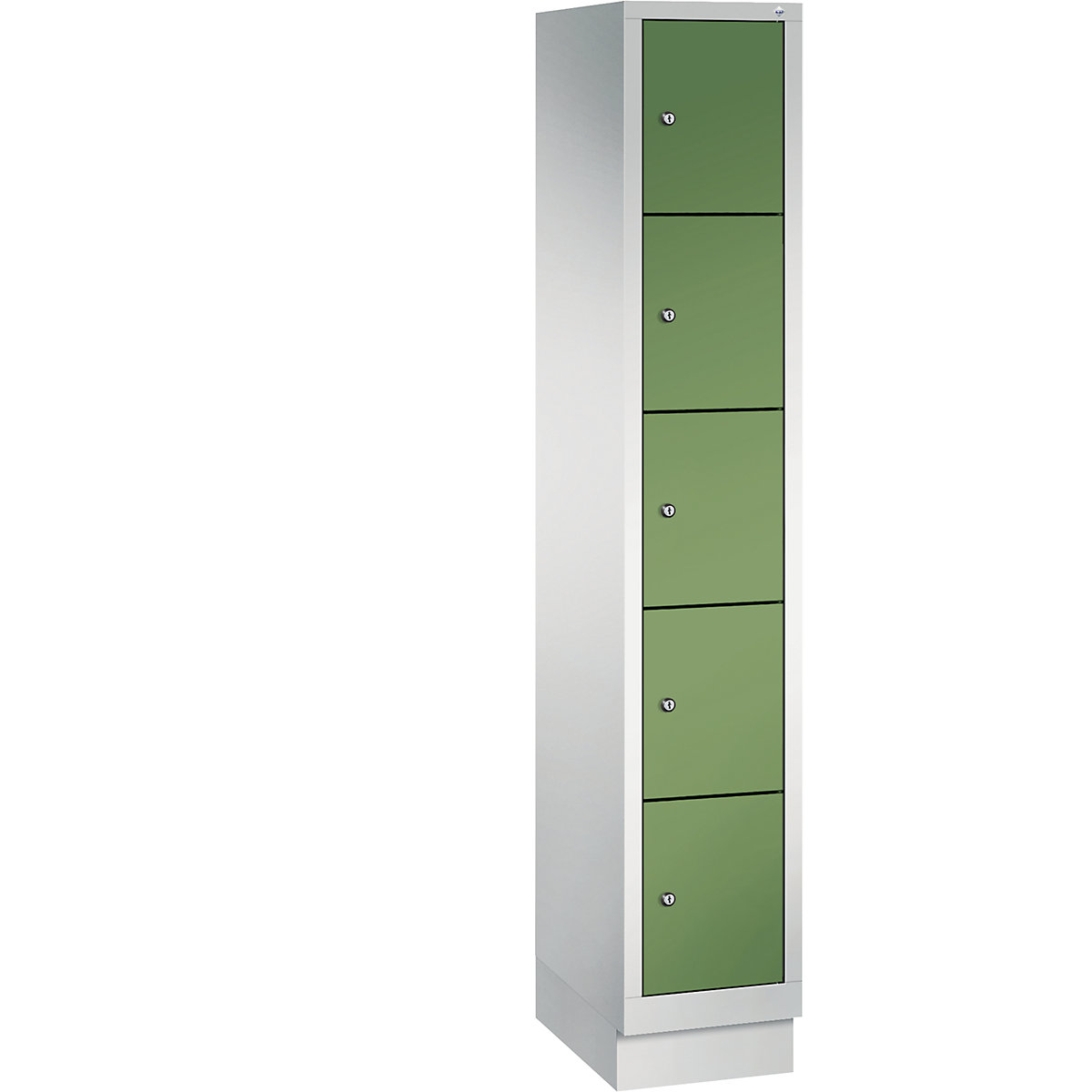 CLASSIC locker unit with plinth – C+P, 1 compartment, 5 shelf compartments, compartment width 300 mm, light grey / reseda green-6