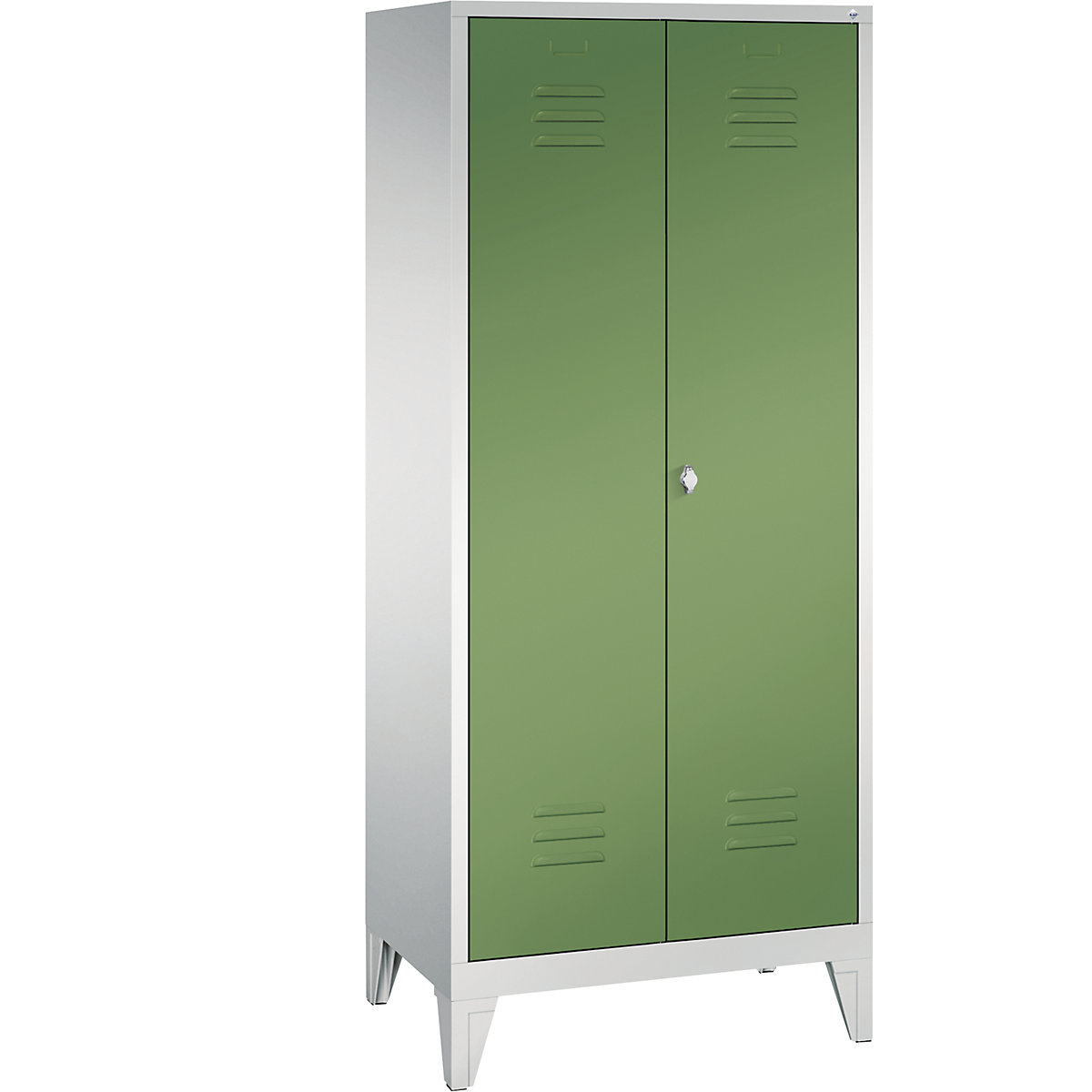 CLASSIC storage cupboard with feet, doors close in the middle – C+P, 2 compartments, compartment width 400 mm, light grey / reseda green-3