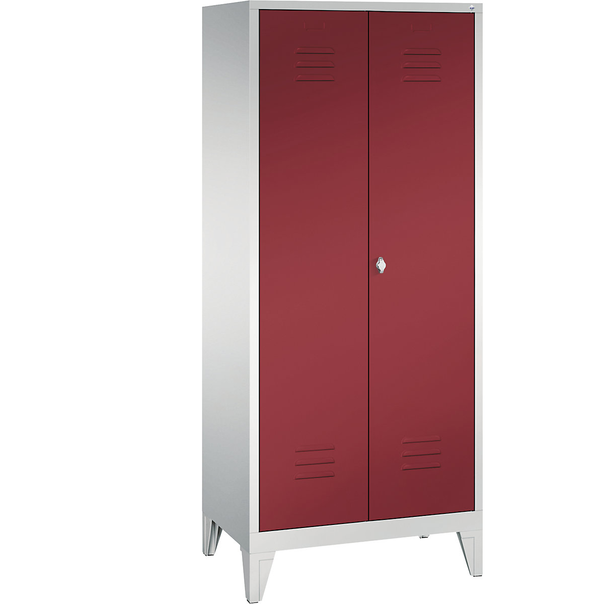 CLASSIC storage cupboard with feet, doors close in the middle – C+P, 2 compartments, compartment width 400 mm, light grey / ruby red-11