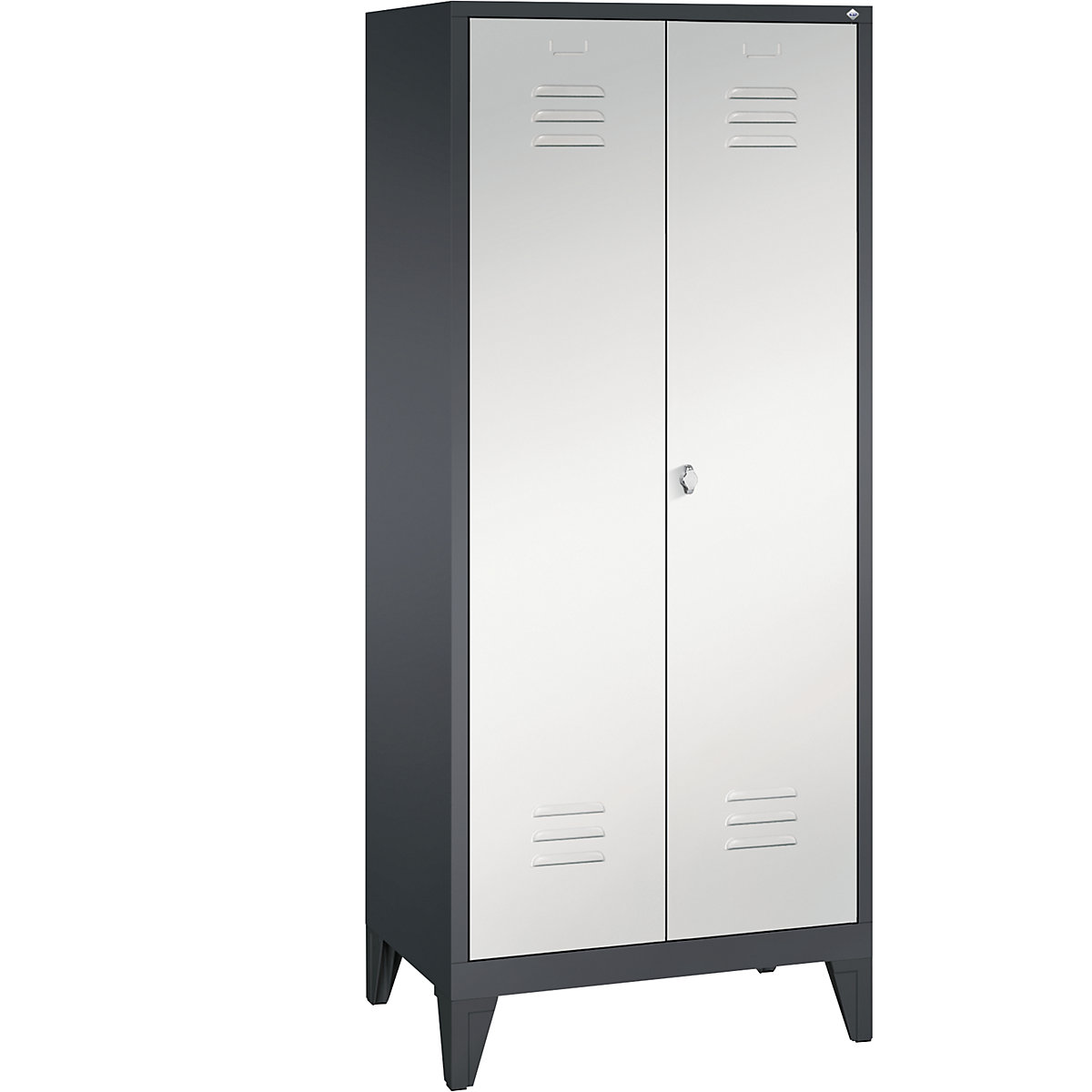 CLASSIC storage cupboard with feet, doors close in the middle – C+P, 2 compartments, compartment width 400 mm, black grey / light grey-12