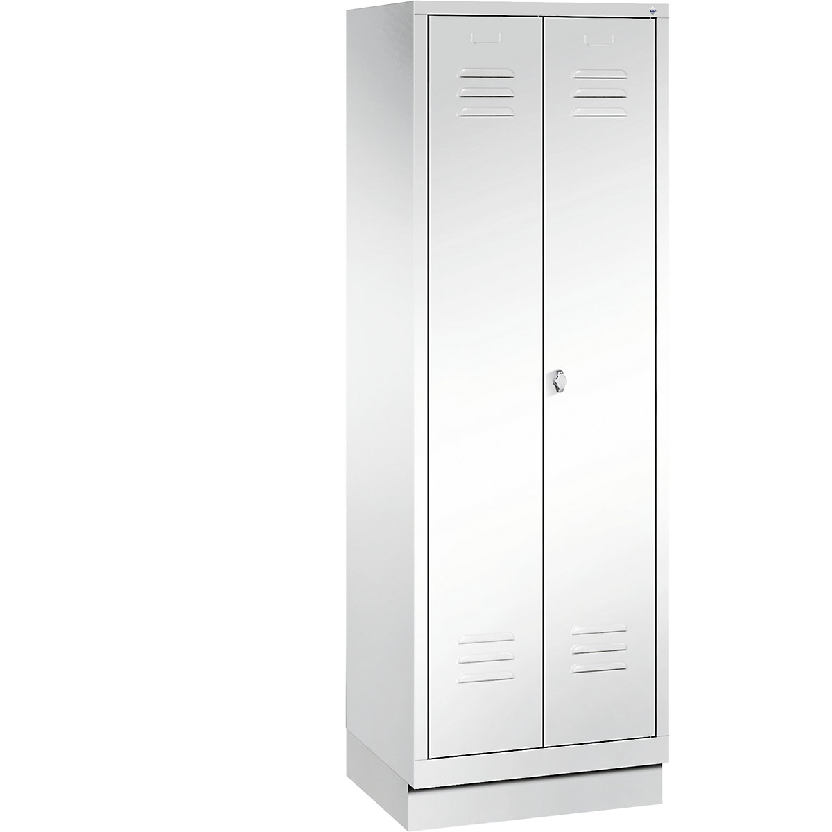 CLASSIC storage cupboard with plinth, doors close in the middle – C+P, 2 compartments, compartment width 300 mm, traffic white-4