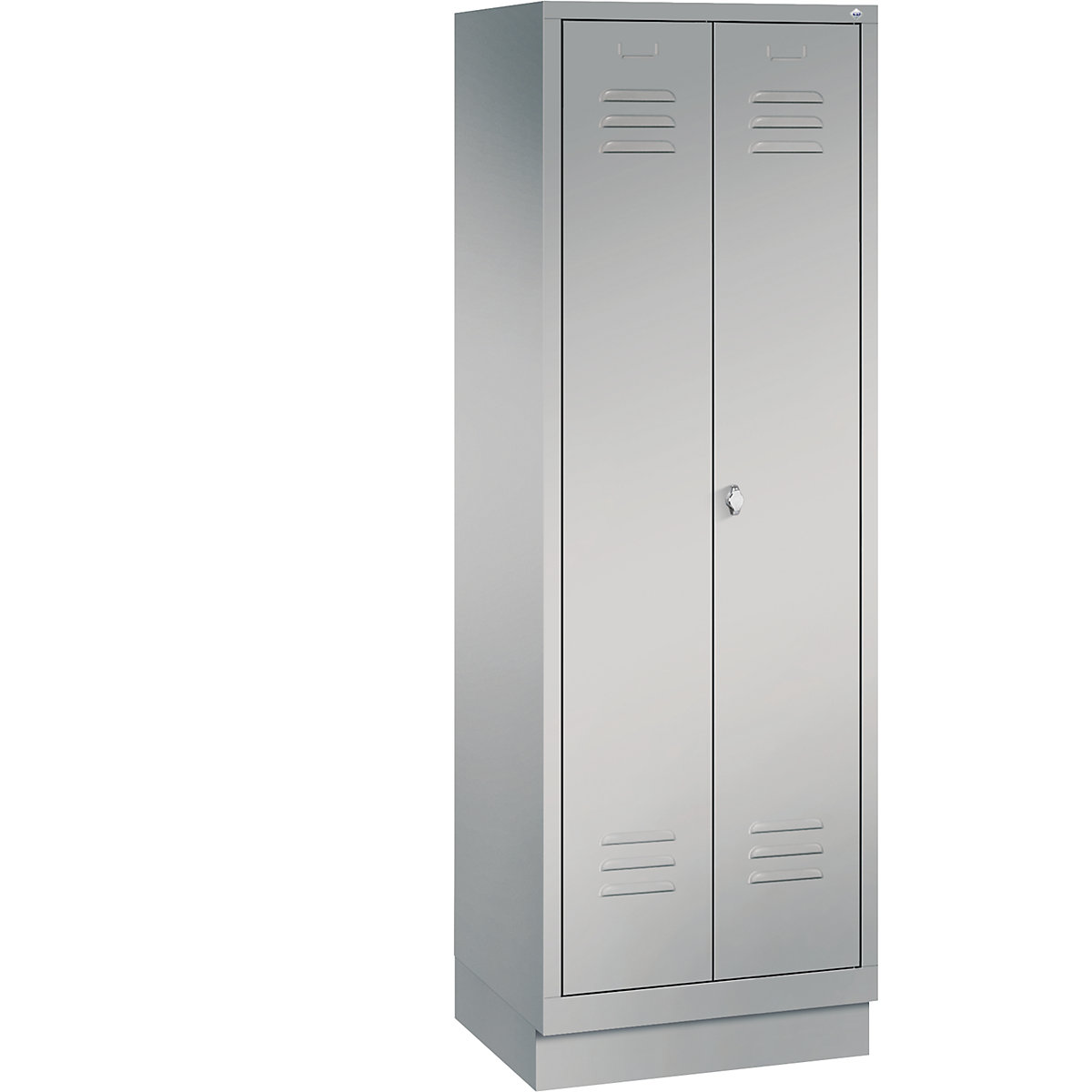 CLASSIC storage cupboard with plinth, doors close in the middle – C+P, 2 compartments, compartment width 300 mm, white aluminium-14