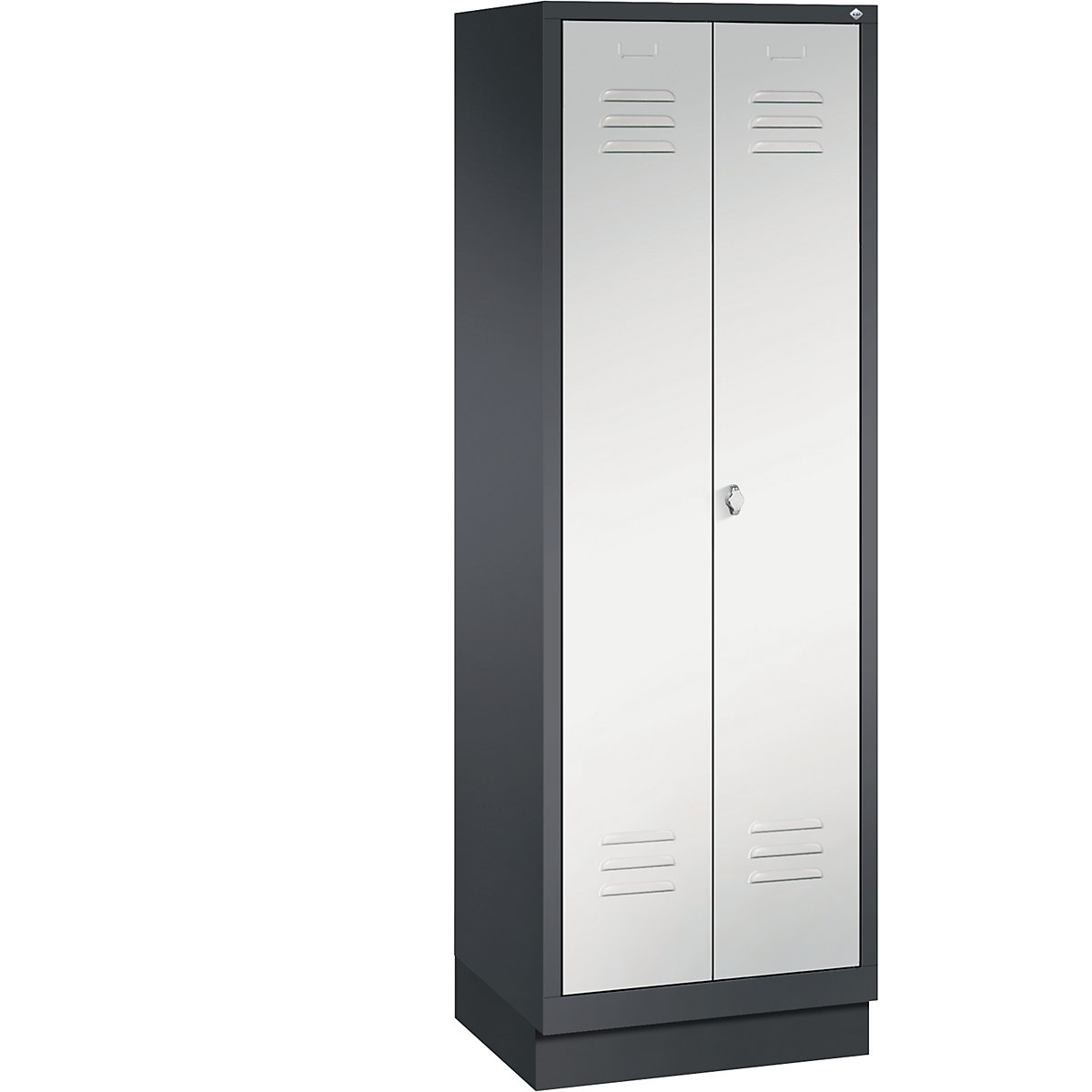 CLASSIC storage cupboard with plinth, doors close in the middle – C+P, 2 compartments, compartment width 300 mm, black grey / light grey-12