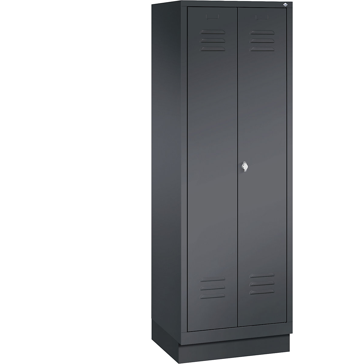 CLASSIC storage cupboard with plinth, doors close in the middle – C+P, 2 compartments, compartment width 300 mm, black grey-3