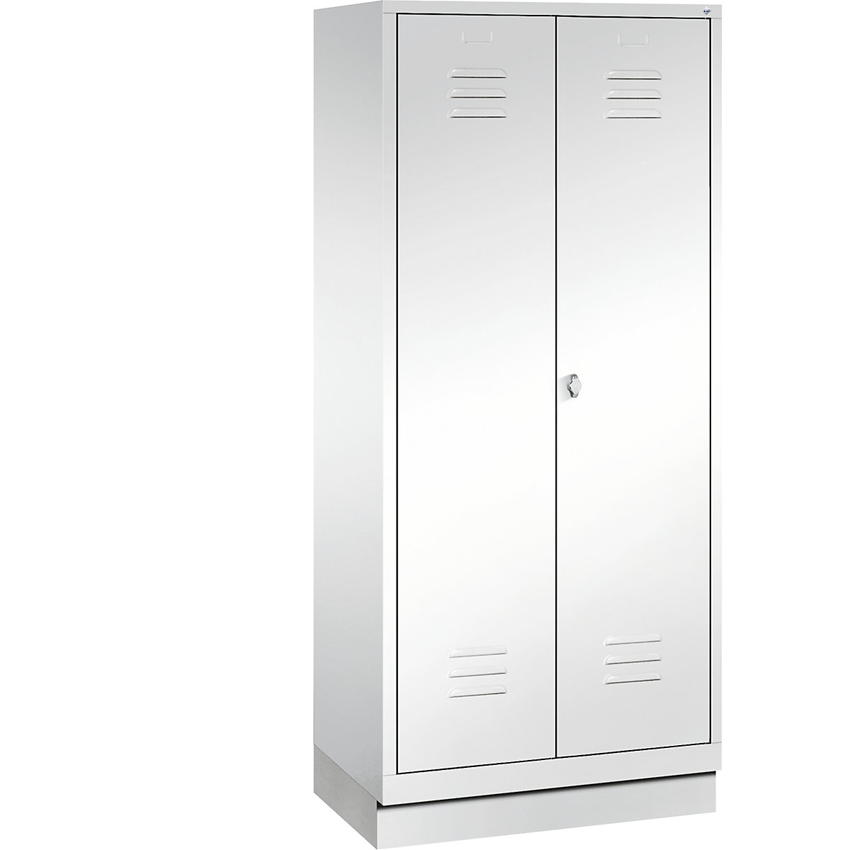 CLASSIC storage cupboard with plinth, doors close in the middle – C+P, 2 compartments, compartment width 400 mm, traffic white-10