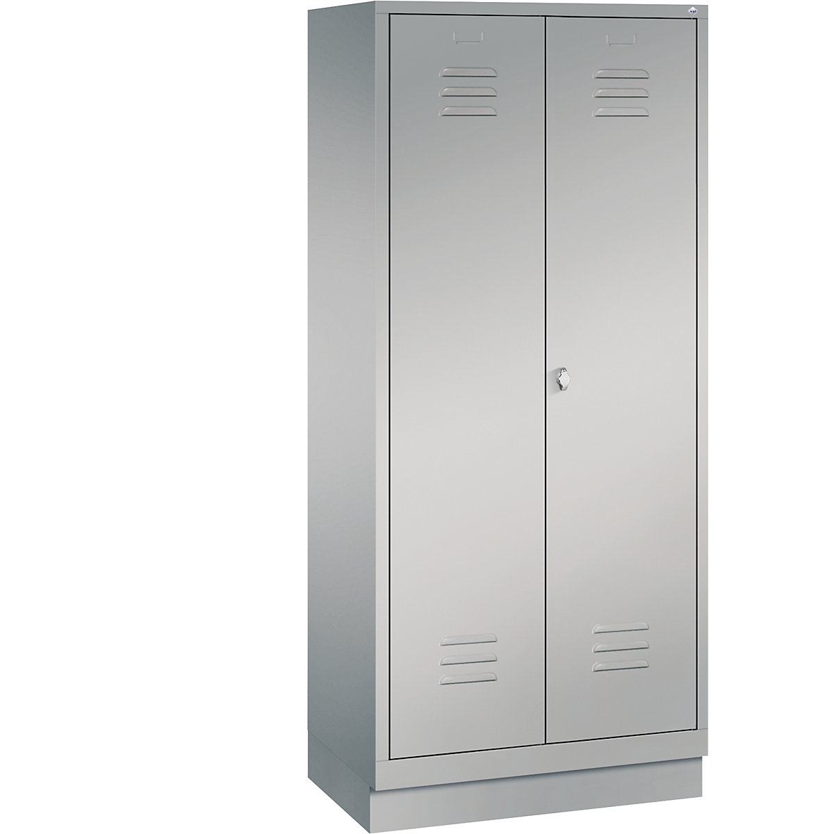 CLASSIC storage cupboard with plinth, doors close in the middle – C+P, 2 compartments, compartment width 400 mm, white aluminium-13