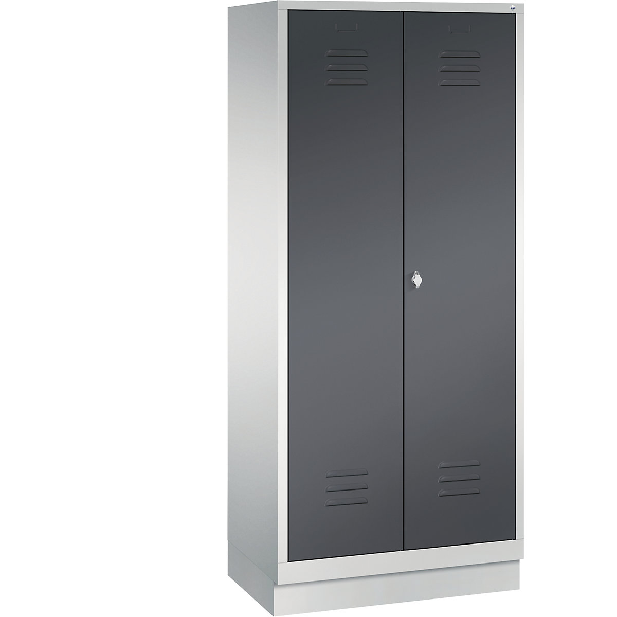 CLASSIC storage cupboard with plinth, doors close in the middle – C+P, 2 compartments, compartment width 400 mm, light grey / black grey-6
