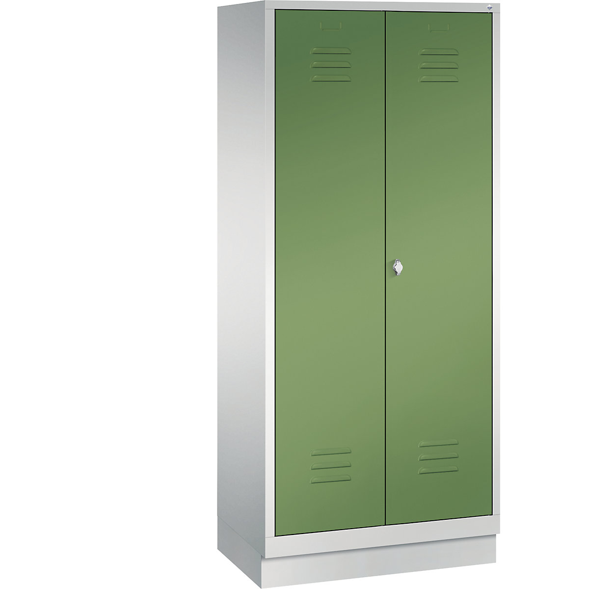 CLASSIC storage cupboard with plinth, doors close in the middle – C+P, 2 compartments, compartment width 400 mm, light grey / reseda green-7