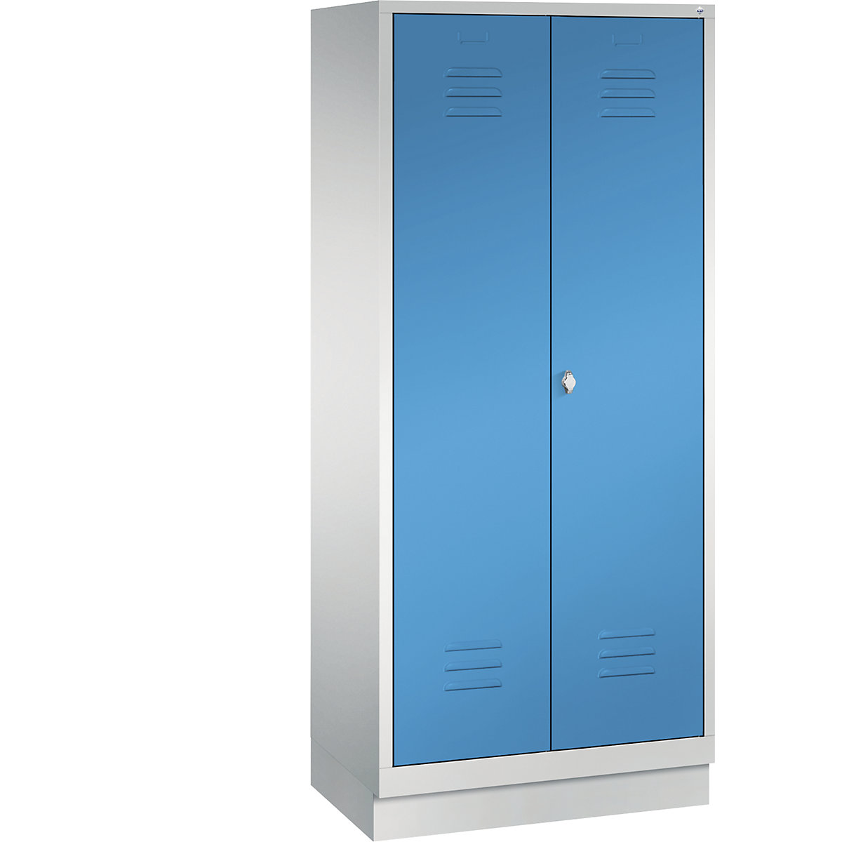 CLASSIC storage cupboard with plinth, doors close in the middle – C+P, 2 compartments, compartment width 400 mm, light grey / light blue-8