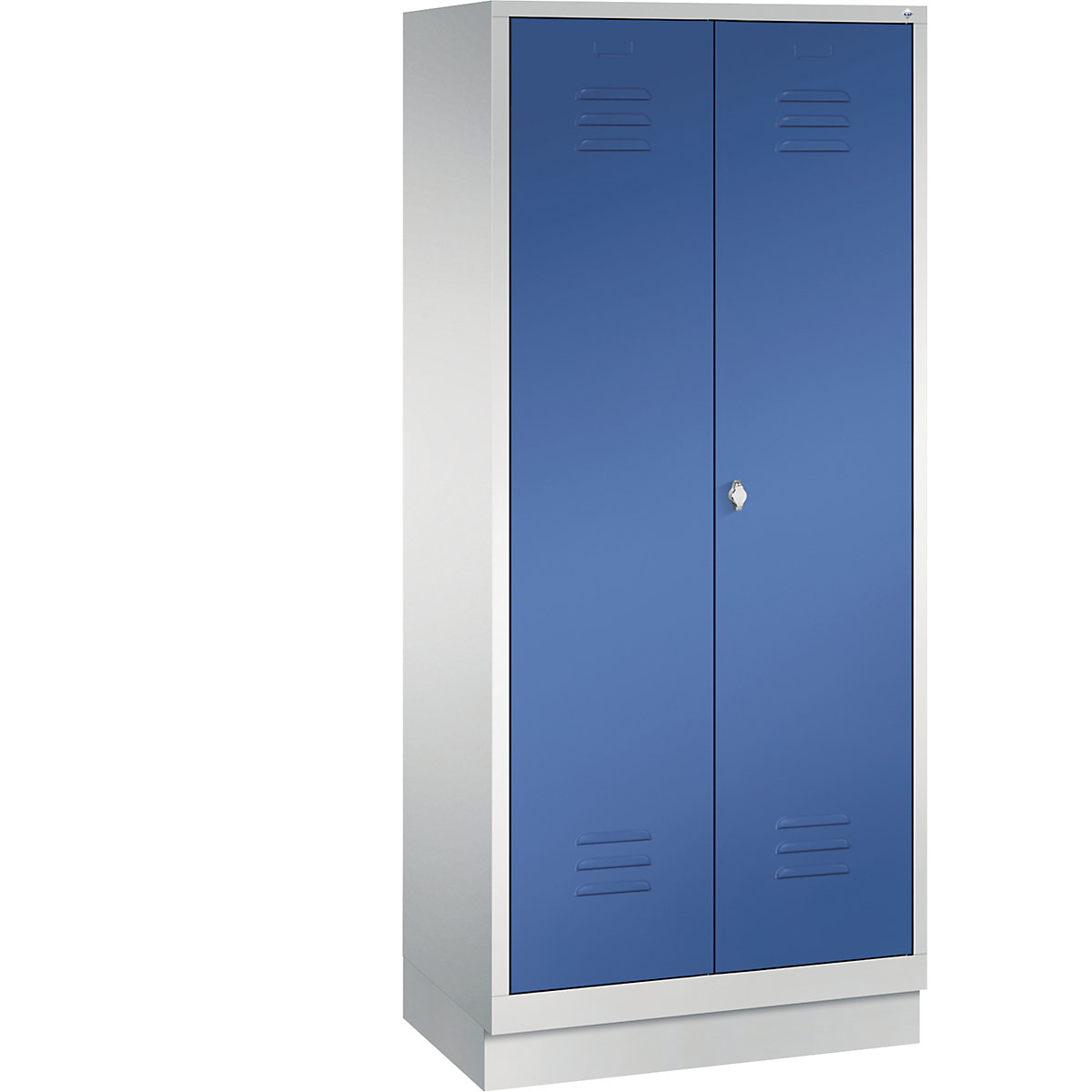 CLASSIC storage cupboard with plinth, doors close in the middle – C+P, 2 compartments, compartment width 400 mm, light grey / gentian blue-11