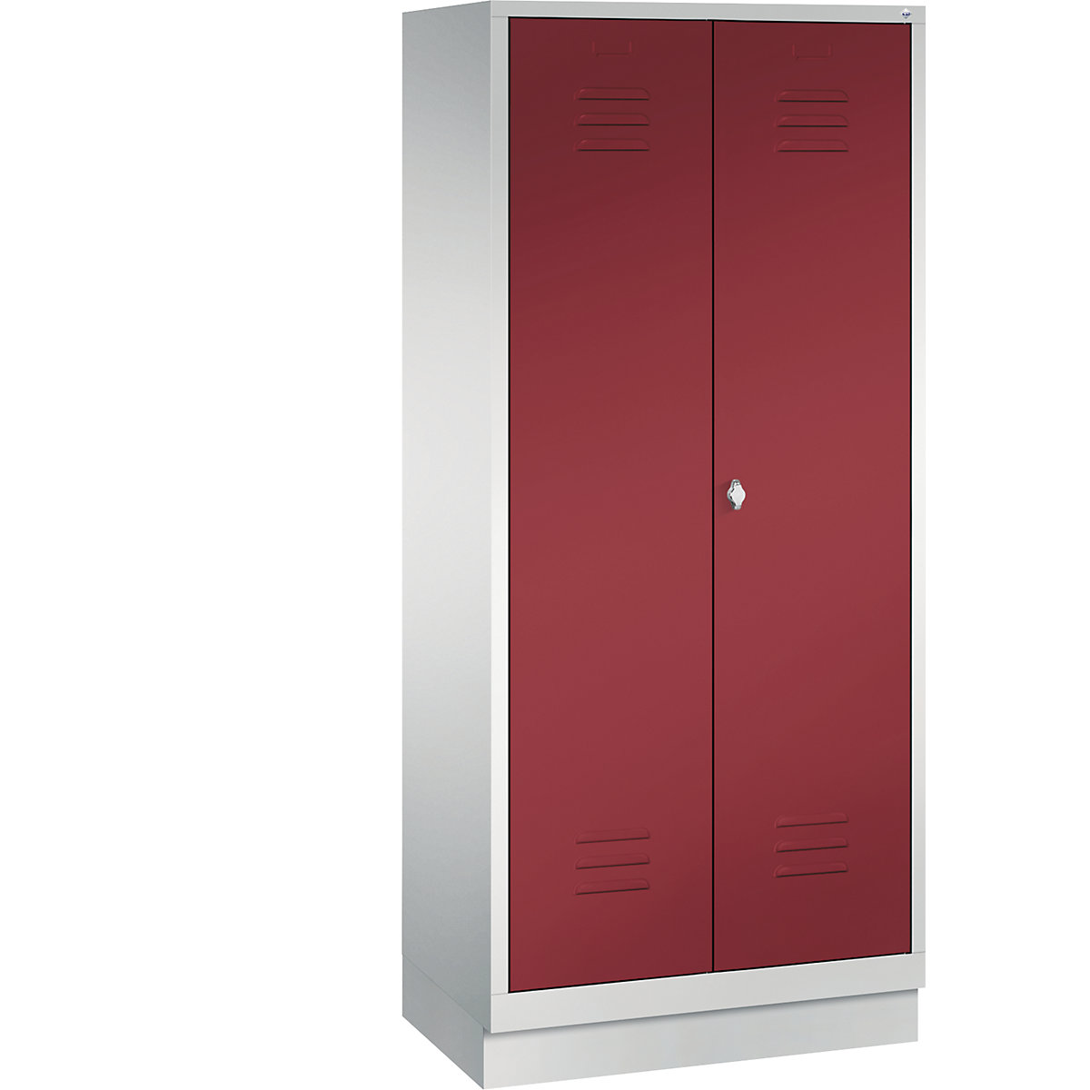 CLASSIC storage cupboard with plinth, doors close in the middle – C+P, 2 compartments, compartment width 400 mm, light grey / ruby red-3