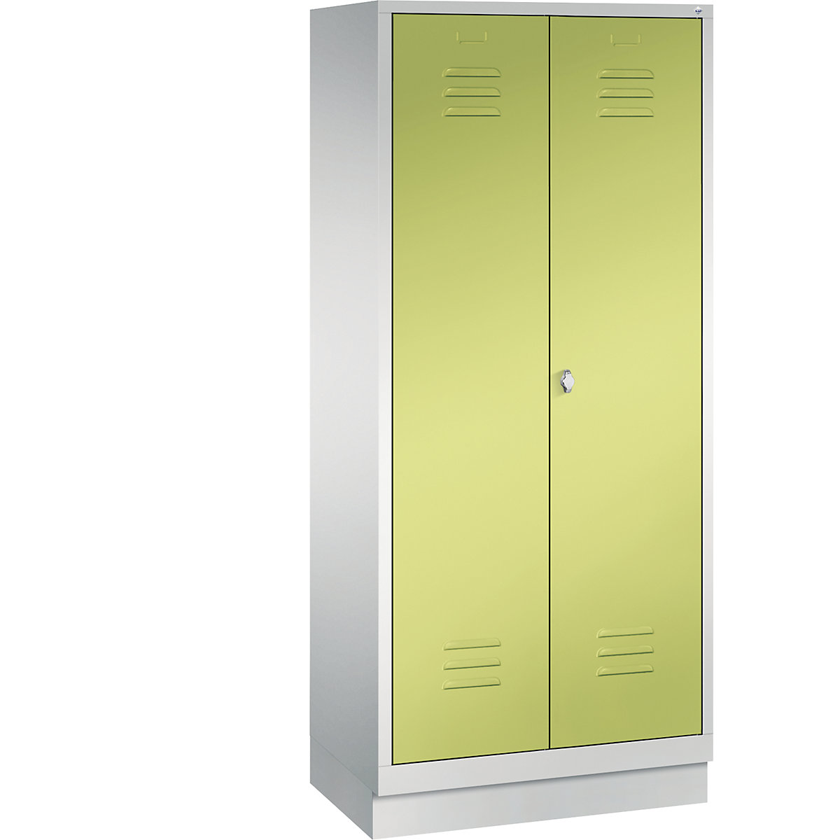 CLASSIC storage cupboard with plinth, doors close in the middle – C+P, 2 compartments, compartment width 400 mm, light grey / viridian green-9