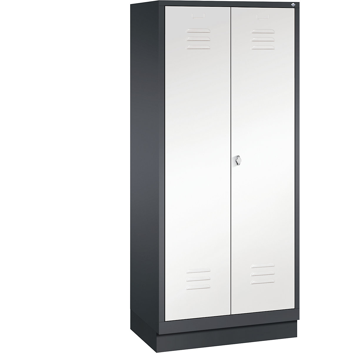 CLASSIC storage cupboard with plinth, doors close in the middle – C+P, 2 compartments, compartment width 400 mm, black grey / traffic white-14
