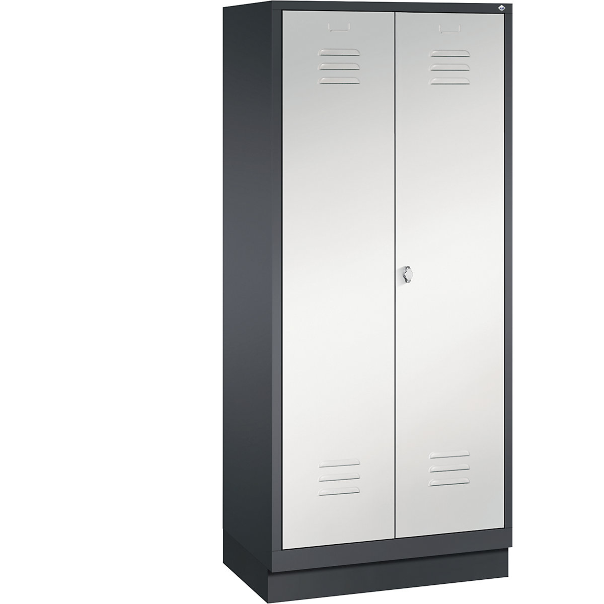 CLASSIC storage cupboard with plinth, doors close in the middle – C+P, 2 compartments, compartment width 400 mm, black grey / light grey-4