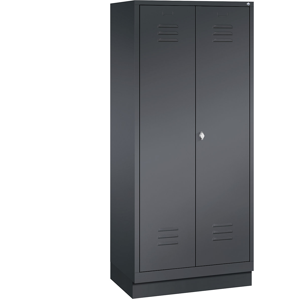 CLASSIC storage cupboard with plinth, doors close in the middle – C+P, 2 compartments, compartment width 400 mm, black grey-12