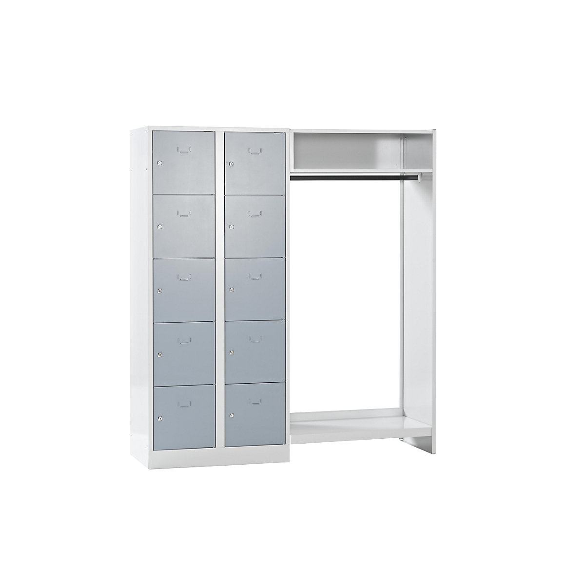 Cloakroom locker system – Wolf, 10 compartments on left, 10 coat hangers, overall width 1670 mm, compartment width 398 mm, silver grey/light grey-6