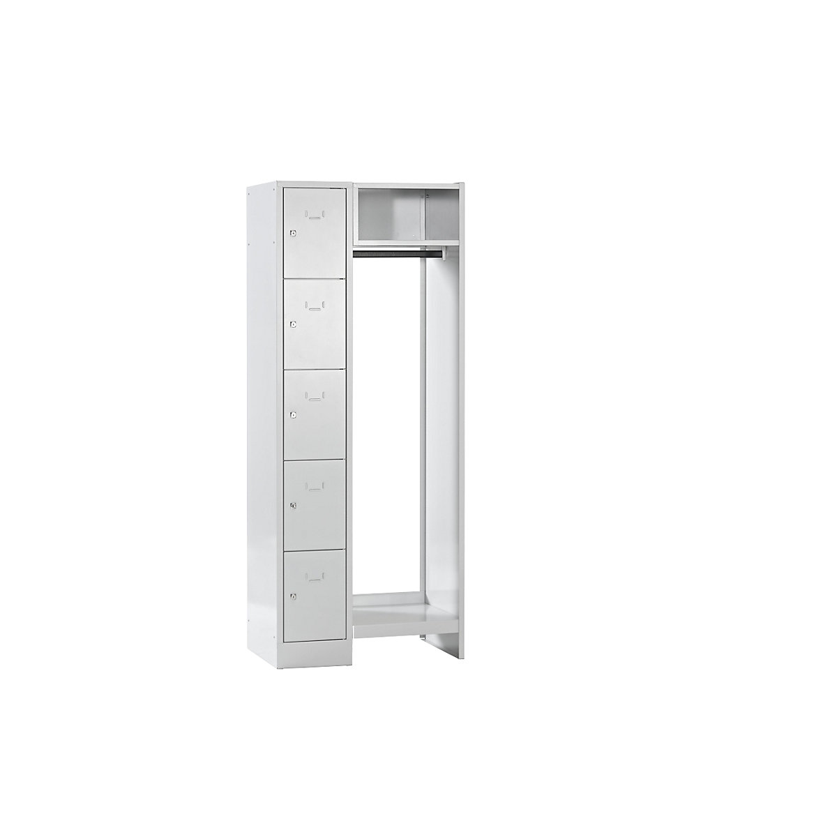 Cloakroom locker system – Wolf, 5 compartments on left, 5 coat hangers, overall width 750 mm, compartment width 298 mm, light grey / light grey-10