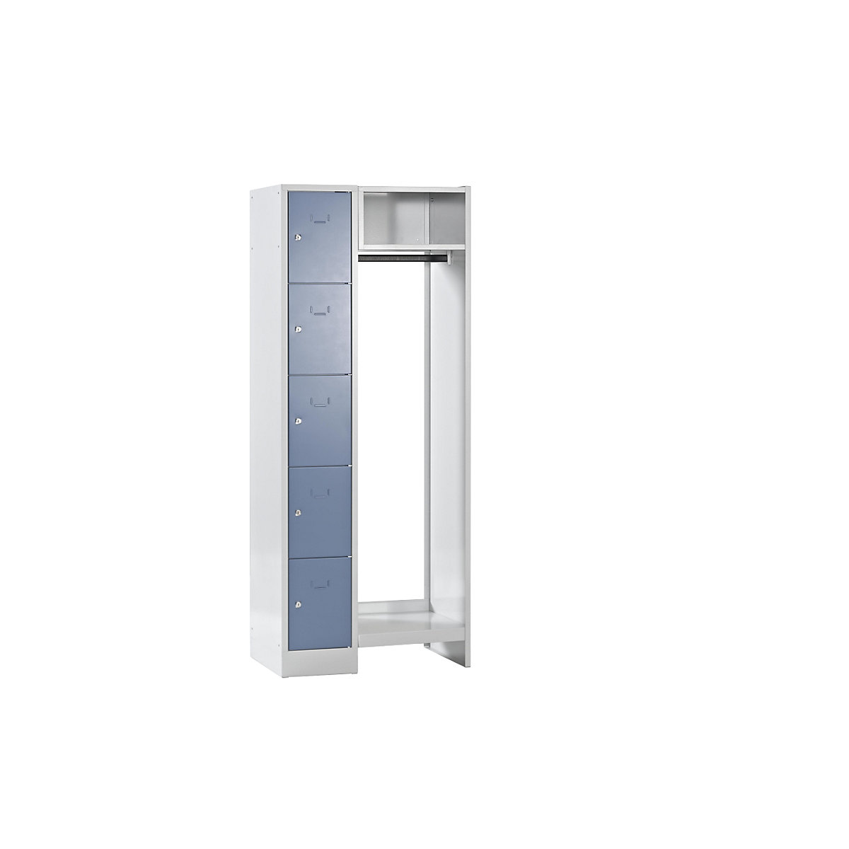 Cloakroom locker system – Wolf, 5 compartments on left, 5 coat hangers, overall width 750 mm, compartment width 298 mm, pigeon blue / light grey-6