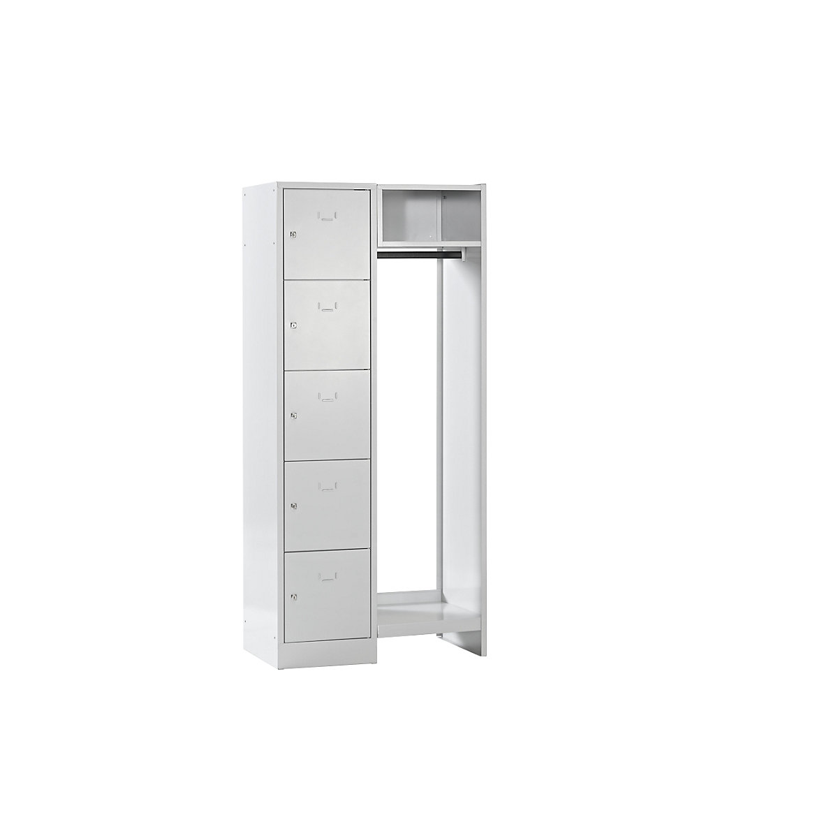 Cloakroom locker system – Wolf, 5 compartments on left, 5 coat hangers, overall width 850 mm, compartment width 398 mm, light grey-14