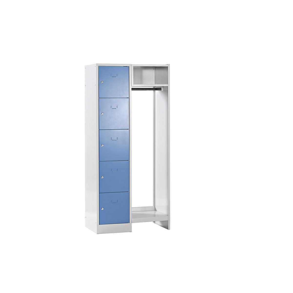 Cloakroom locker system – Wolf, 5 compartments on left, 5 coat hangers, overall width 850 mm, compartment width 398 mm, light blue / light grey-12