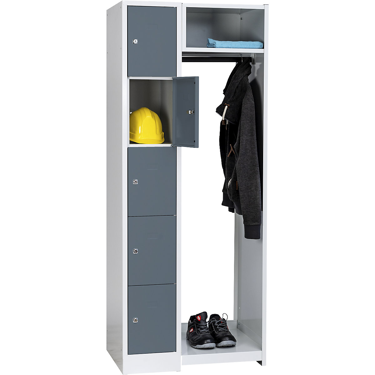 Cloakroom locker system – Wolf, 5 compartments on left, 5 coat hangers, overall width 750 mm, compartment width 298 mm, basalt grey / light grey-4