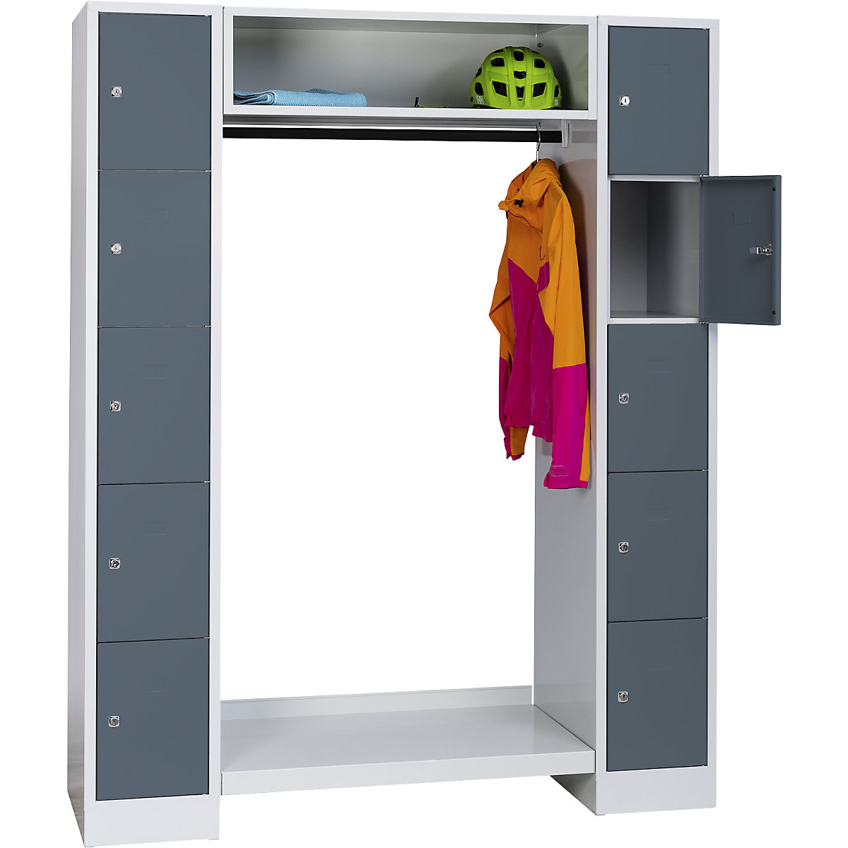 Cloakroom locker system – Wolf, 10 compartments on the outside, 10 coat hangers, overall width 1470 mm, compartment width 298 mm, basalt grey/light grey-5