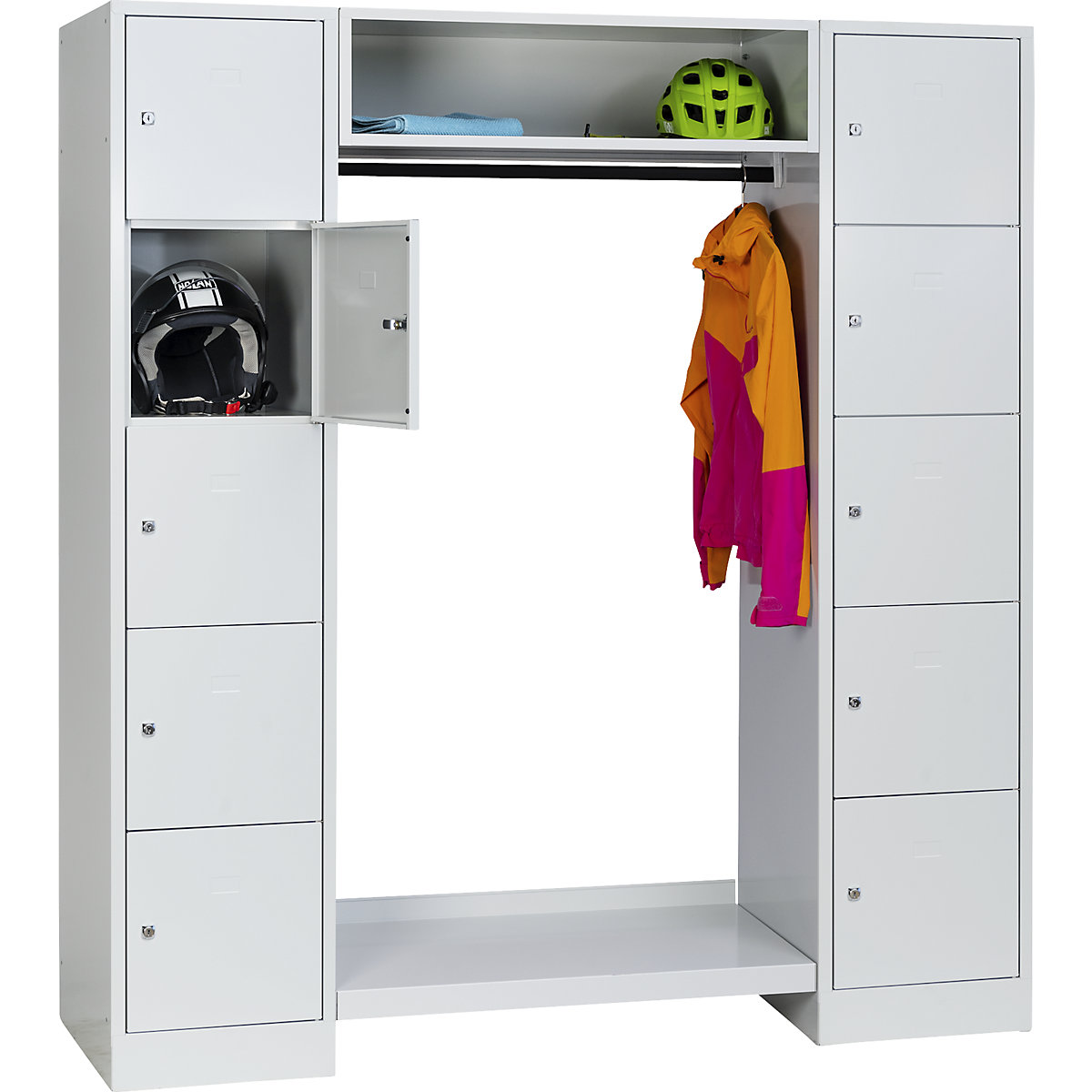 Cloakroom locker system – Wolf, 10 compartments on the outside, 10 coat hangers, overall width 1670 mm, compartment width 398 mm, light grey-9