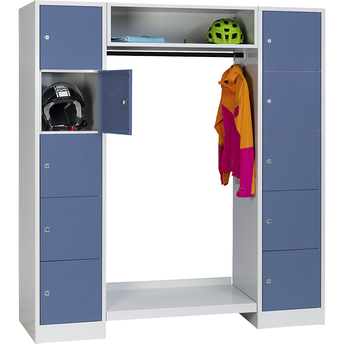Cloakroom locker system – Wolf, 10 compartments on the outside, 10 coat hangers, overall width 1670 mm, compartment width 398 mm, pigeon blue/light grey-6