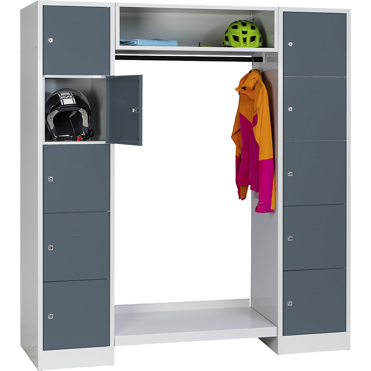 Cloakroom locker system – Wolf, 10 compartments on the outside, 10 coat hangers, overall width 1670 mm, compartment width 398 mm, basalt grey/light grey-7