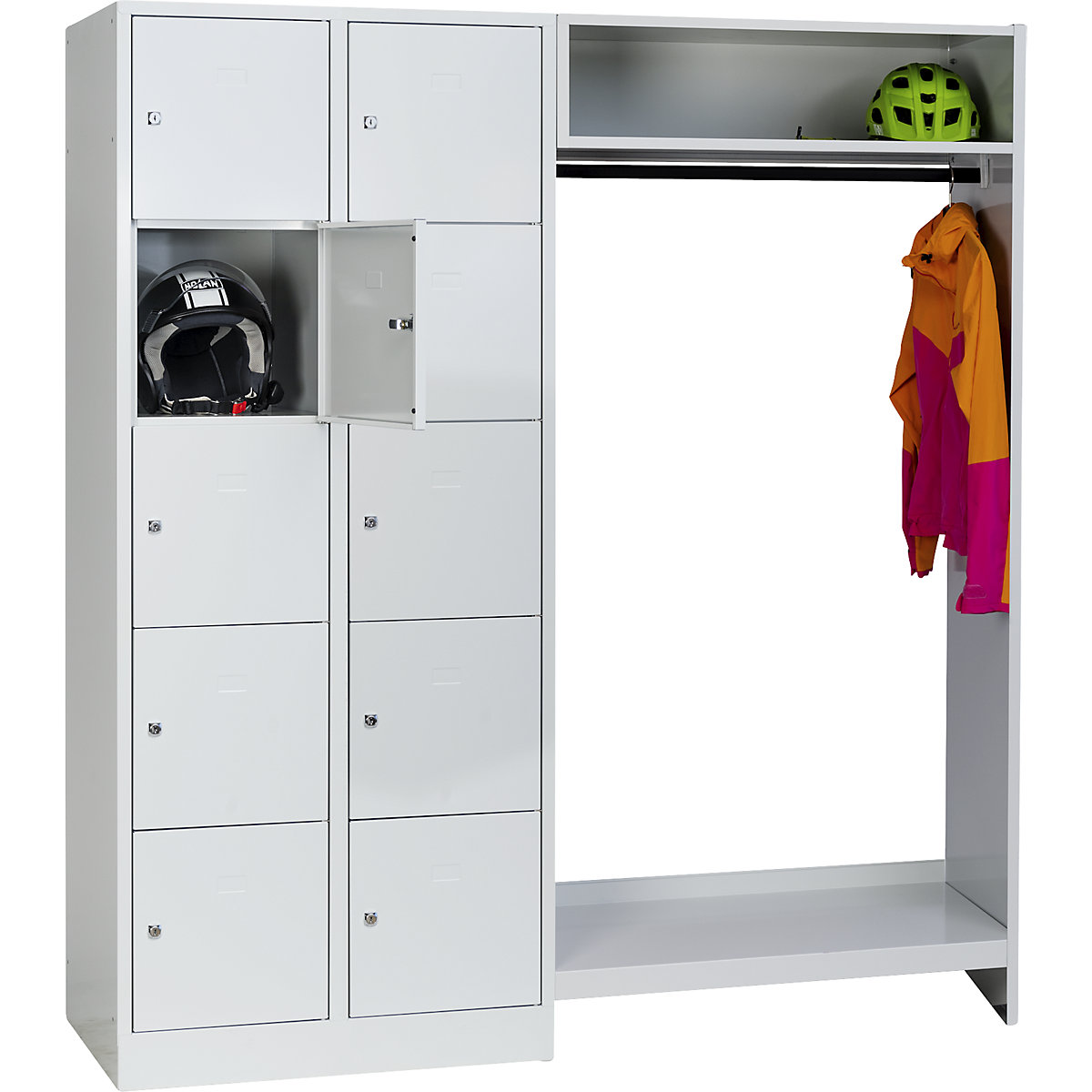Cloakroom locker system – Wolf, 10 compartments on left, 10 coat hangers, overall width 1670 mm, compartment width 398 mm, light grey-17