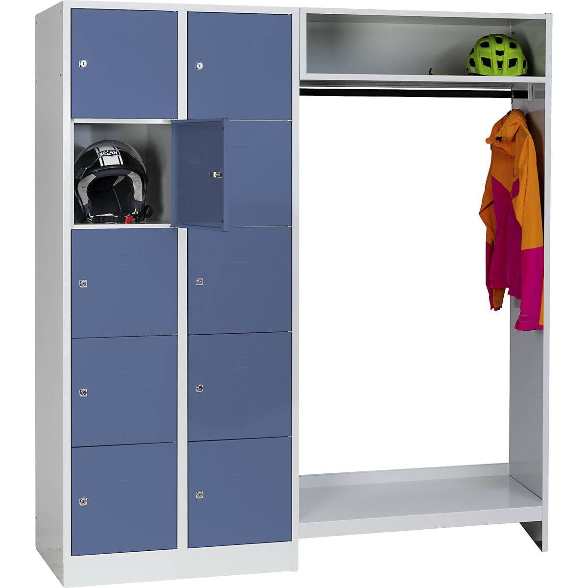 Cloakroom locker system – Wolf, 10 compartments on left, 10 coat hangers, overall width 1670 mm, compartment width 398 mm, pigeon blue/light grey-13