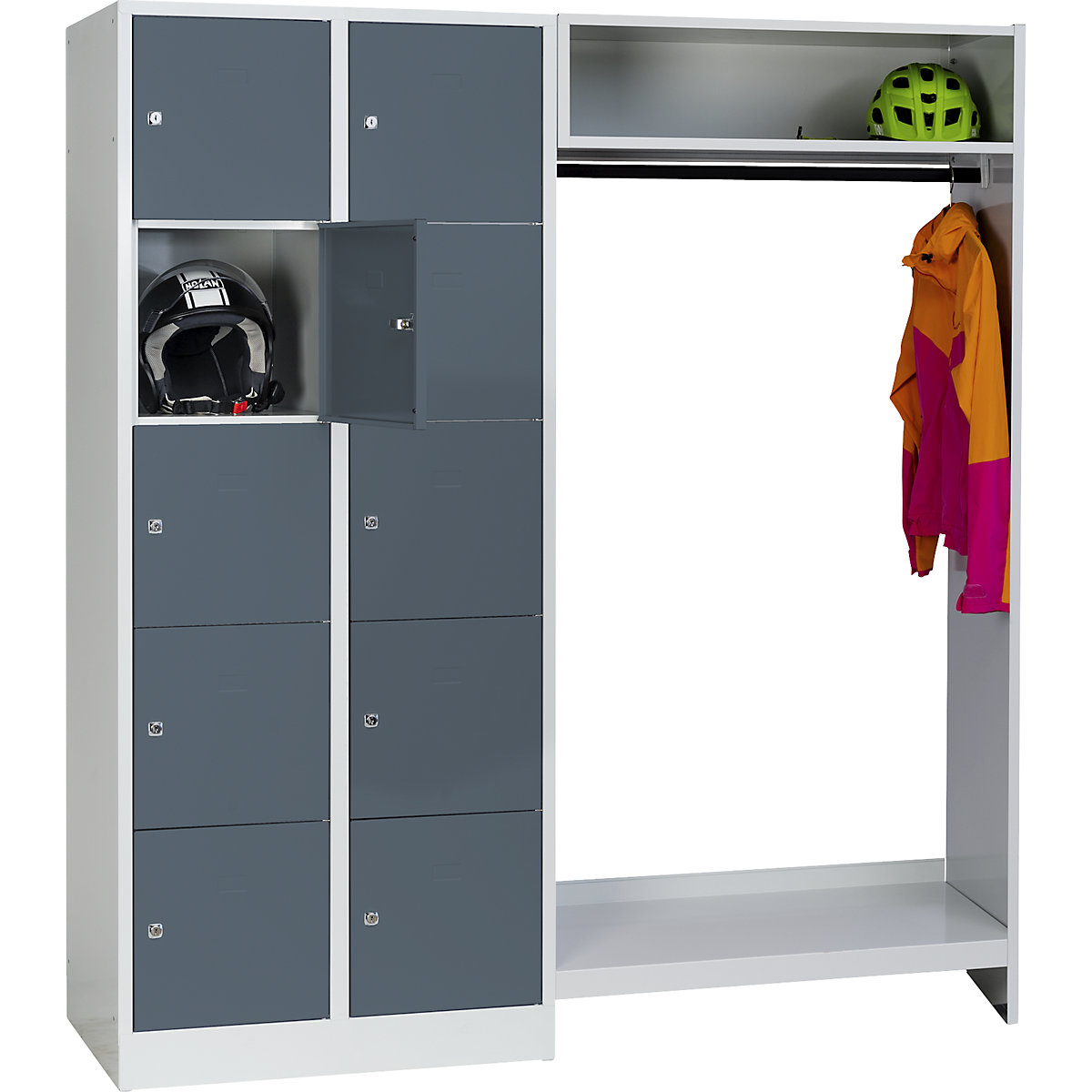 Cloakroom locker system – Wolf, 10 compartments on left, 10 coat hangers, overall width 1670 mm, compartment width 398 mm, basalt grey/light grey-11