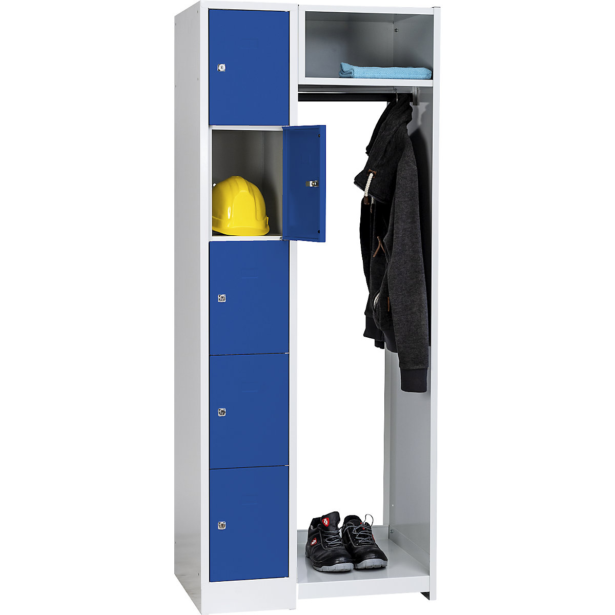 Cloakroom locker system – Wolf, 5 compartments on left, 5 coat hangers, overall width 750 mm, compartment width 298 mm, gentian blue-15