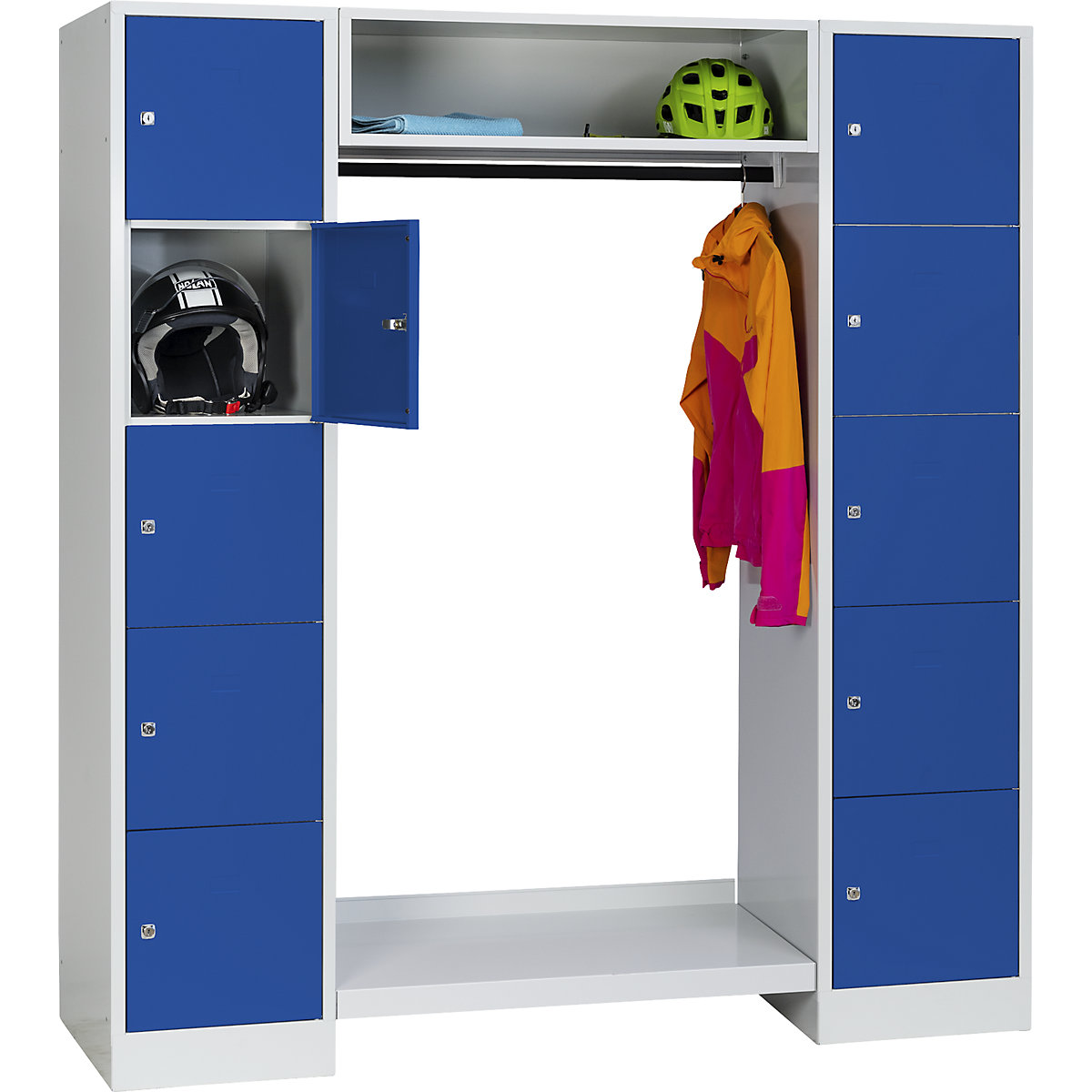 Cloakroom locker system – Wolf, 10 compartments on the outside, 10 coat hangers, overall width 1670 mm, compartment width 398 mm, gentian blue/light grey-14