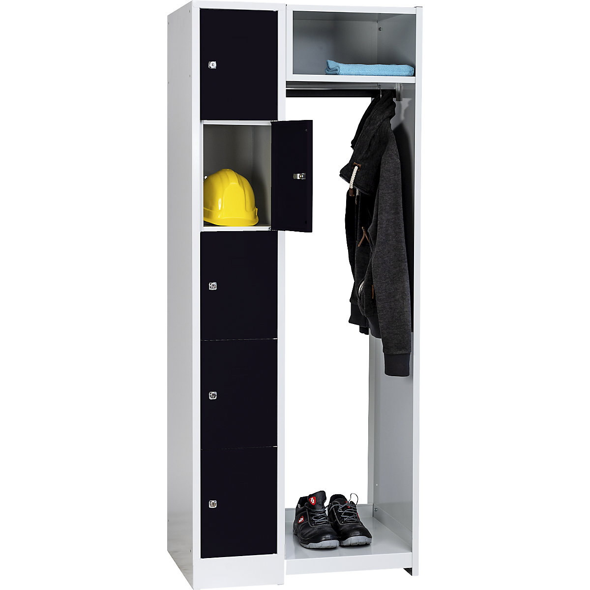 Cloakroom locker system – Wolf, 5 compartments on left, 5 coat hangers, overall width 750 mm, compartment width 298 mm, jet black / light grey-5