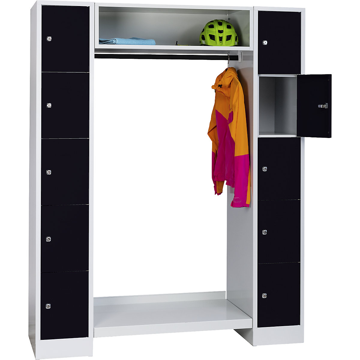 Cloakroom locker system – Wolf, 10 compartments on the outside, 10 coat hangers, overall width 1470 mm, compartment width 298 mm, jet black/light grey-16