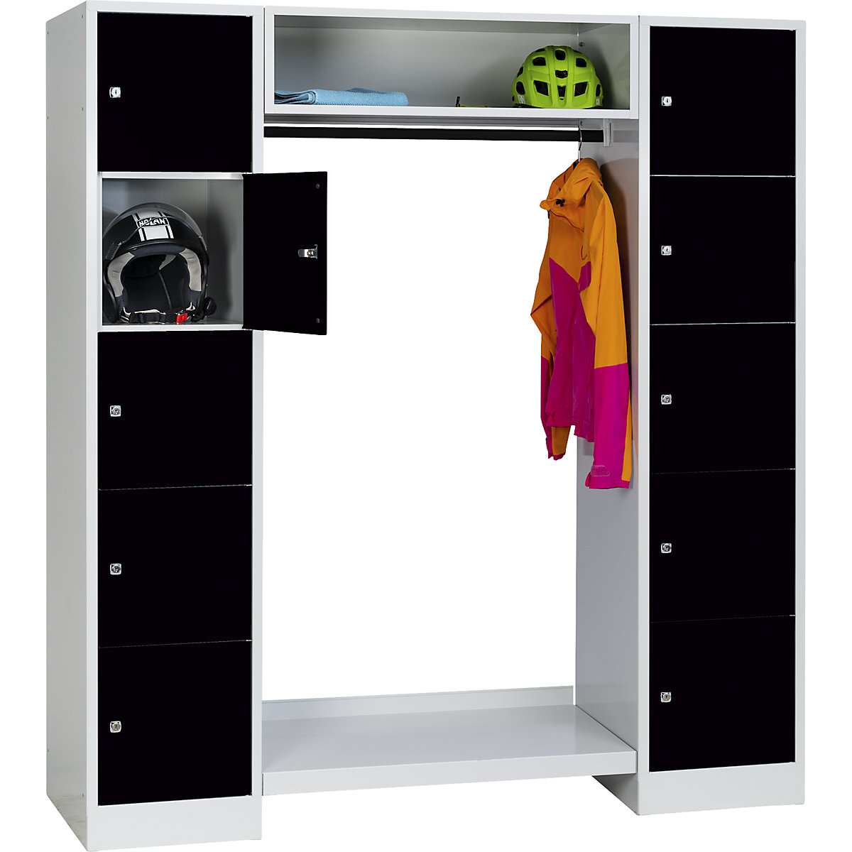 Cloakroom locker system – Wolf, 10 compartments on the outside, 10 coat hangers, overall width 1670 mm, compartment width 398 mm, jet black/light grey-15