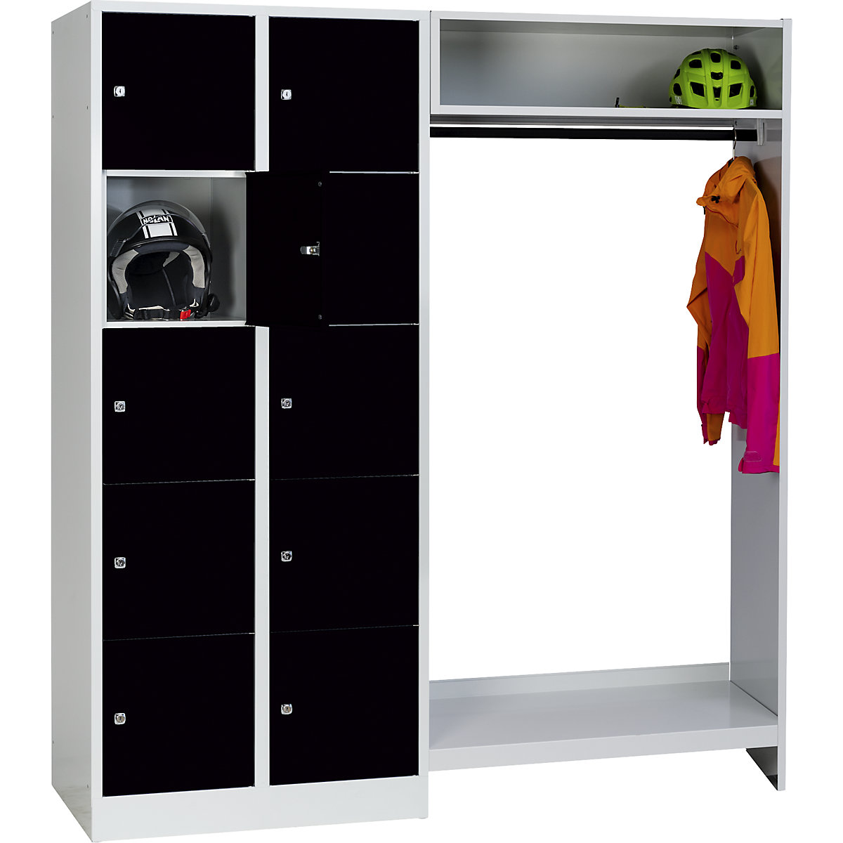Cloakroom locker system – Wolf, 10 compartments on left, 10 coat hangers, overall width 1670 mm, compartment width 398 mm, jet black/light grey-5
