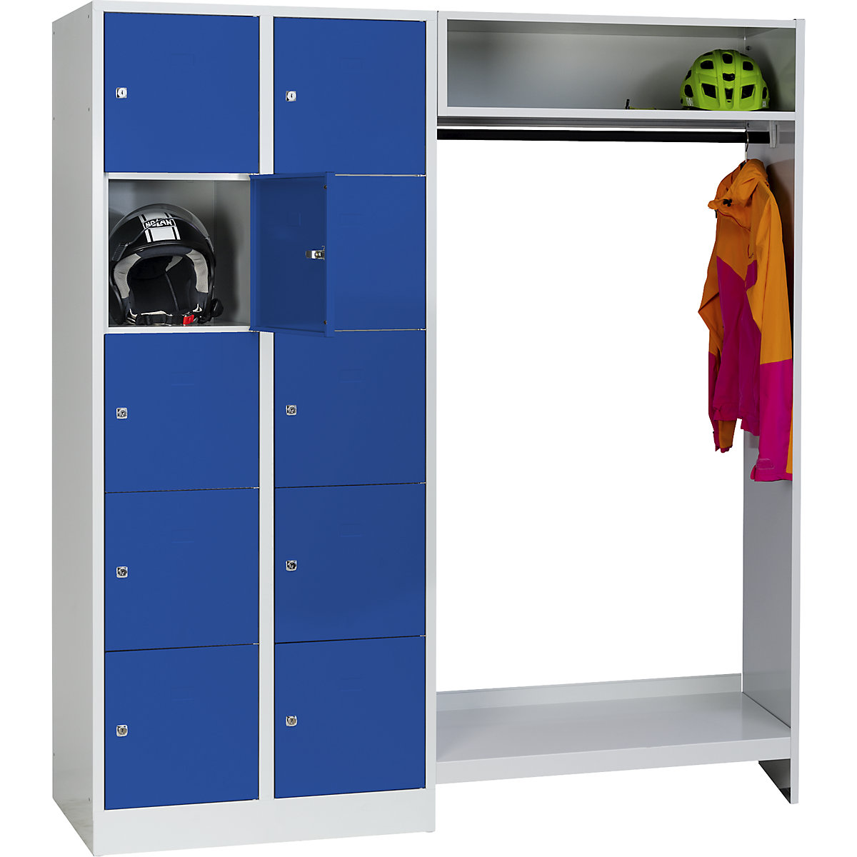 Cloakroom locker system – Wolf, 10 compartments on left, 10 coat hangers, overall width 1670 mm, compartment width 398 mm, gentian blue/light grey-14